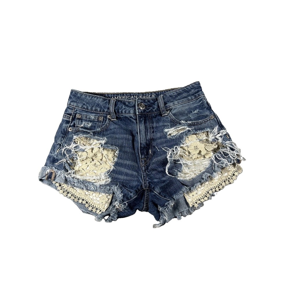 American Eagle Denim Lace Distressed Shorts High-Rise Blue Womens Size 0